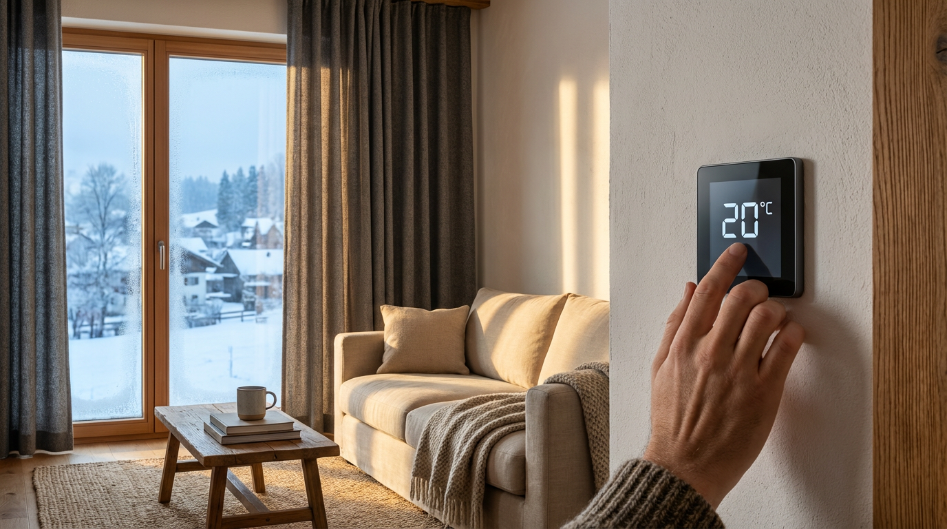 Nahaufnahme einer Hand, die im winterlichen Wohnzimmer eines Hauses in Bayern ein digitales Heizthermostat auf 20 Grad einstellt. Symbolbild für effizientes Heizen und Energiesparen.
