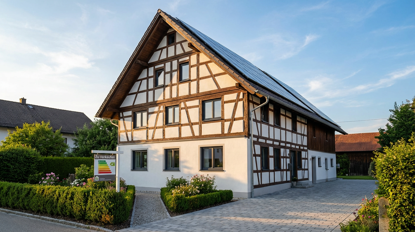 Modernisierte, energieeffiziente Doppelhaushälfte im typisch bayrischen Stil mit Solaranlage, neuen Fenstern und gedämmter Fassade bei Abendsonne.